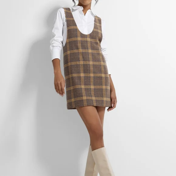 Brown Plaid Reprocessed Wool Pinafore Jumper Dress -Brand New, Preppy Fall Dress - Picture 1 of 6